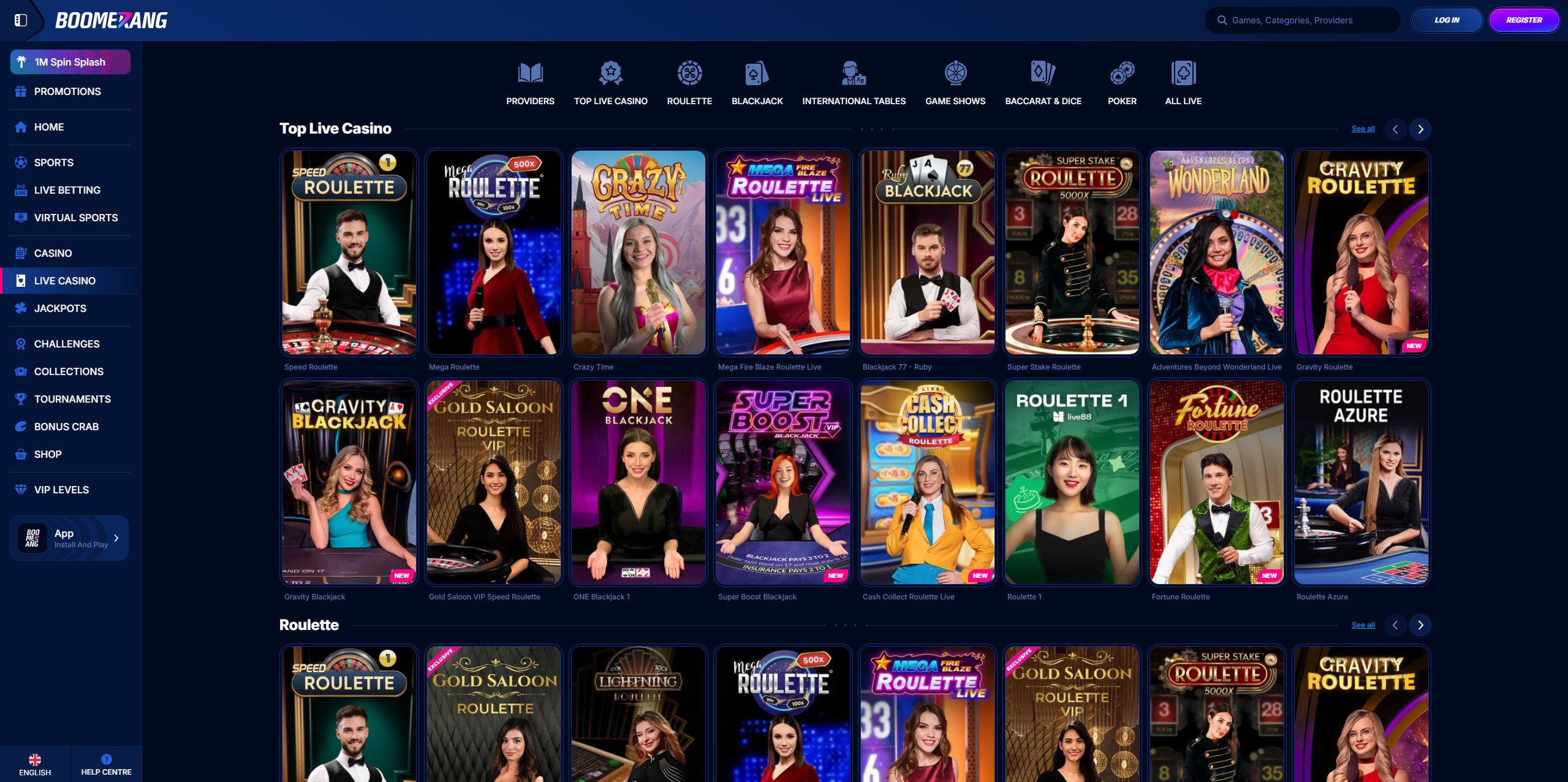 Live Casino Lobby bei Boomerang Casino