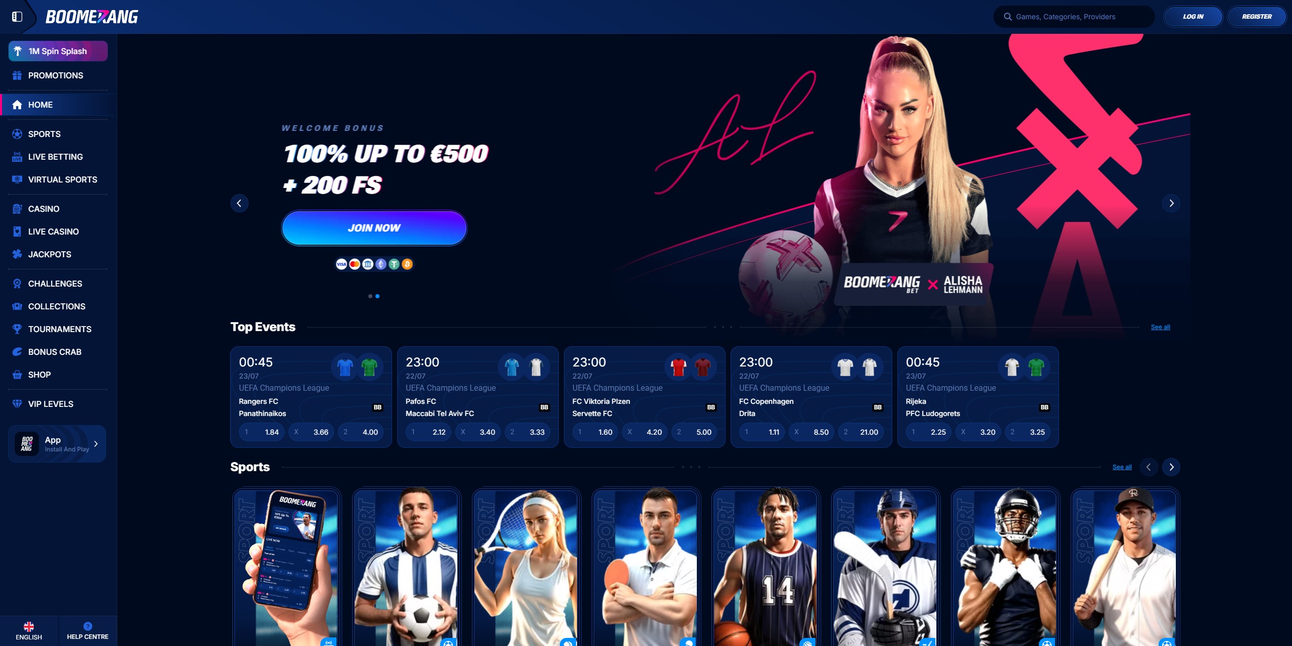 Boomerang Bet Benutzeroberfläche mit Sportwetten und Casino